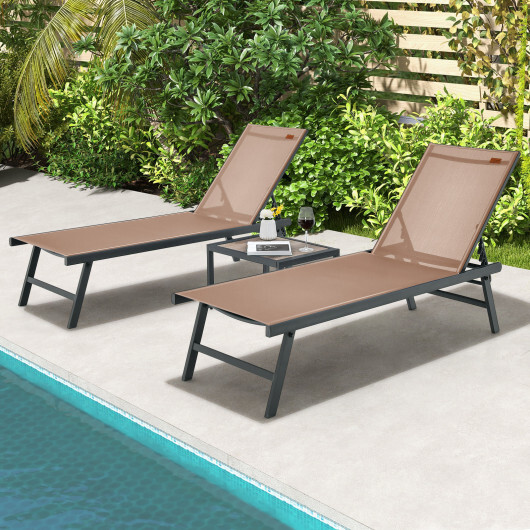 3 Pieces Patio Chaise Lounge Chair and Table Set for Poolside Yard-Brown - Color: Brown - Image 2