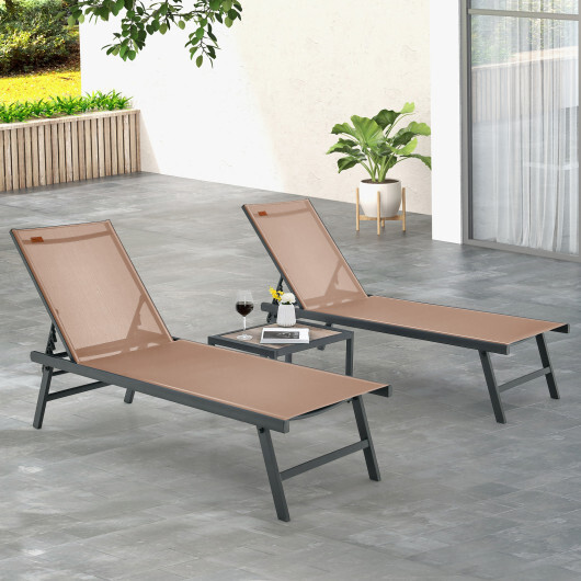 3 Pieces Patio Chaise Lounge Chair and Table Set for Poolside Yard-Brown - Color: Brown - Image 3