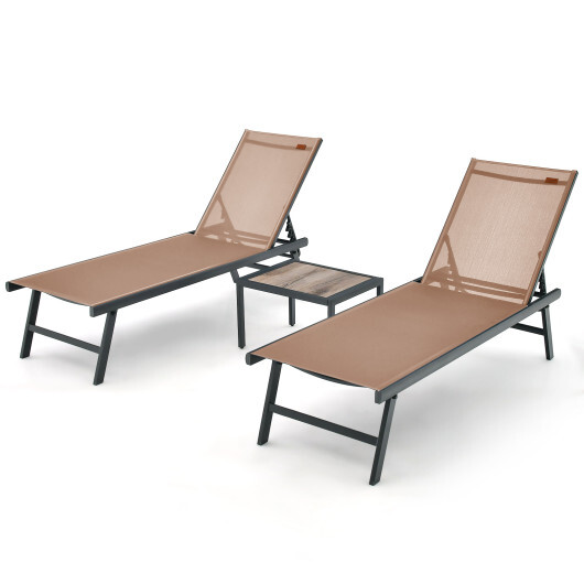3 Pieces Patio Chaise Lounge Chair and Table Set for Poolside Yard-Brown - Color: Brown - Image 4