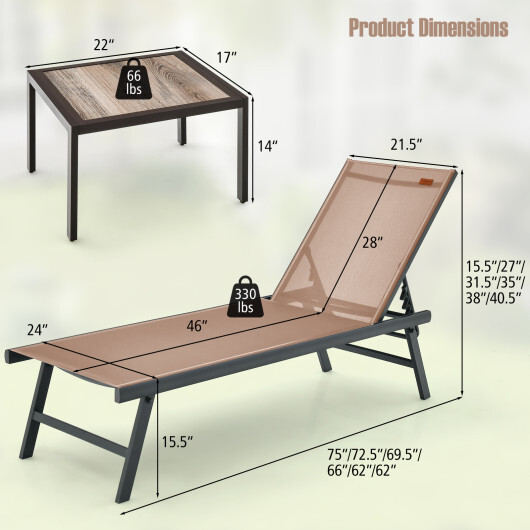 3 Pieces Patio Chaise Lounge Chair and Table Set for Poolside Yard-Brown - Color: Brown - Image 5