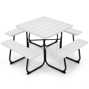 Outdoor Picnic Table with 4 Benches and Umbrella Hole-White - Color: White