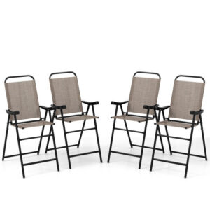 Patio Folding Bar Stool Set of 4 with Metal Frame and Footrest-Coffee - Color: Coffee