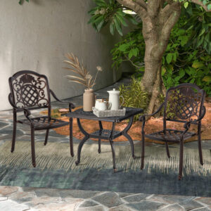 Cast Aluminum Outdoor Side Table with Storage Shelf for Garden Porch Balcony-Rustic Brown - Color: Rustic Brown