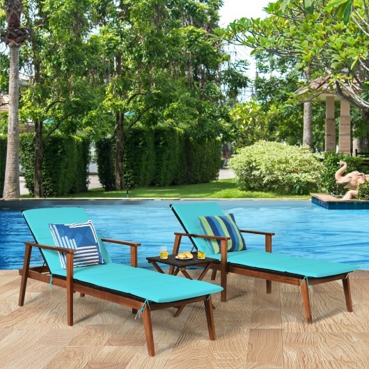 3 Pieces Portable Patio Cushioned Rattan Lounge Chair Set with Folding Table-Turquoise - Color: Turquoise - Image 4