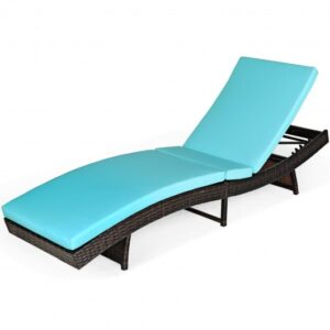 Patio Folding Adjustable Rattan Chaise Lounge Chair with Cushion-Turquoise - Color: Turquoise