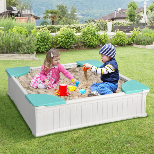 Kids Outdoor Sandbox with Oxford Cover and 4 Corner Seats-White - Color: White - Image 2
