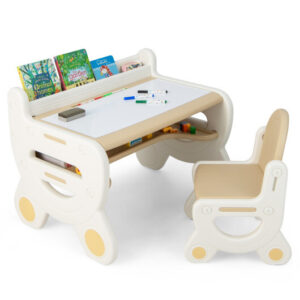 Kids Drawing Table and Chair Set with Watercolor Pens and Blackboard Eraser-Brown - Color: Brown
