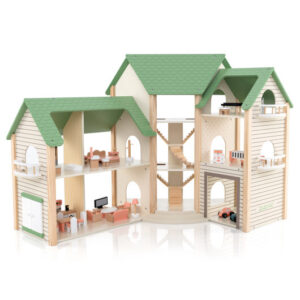 Wooden Corner Dollhouse Playset with 6 Rooms and 36 Pieces for Kids 3+ Years Old-Green - Color: Green