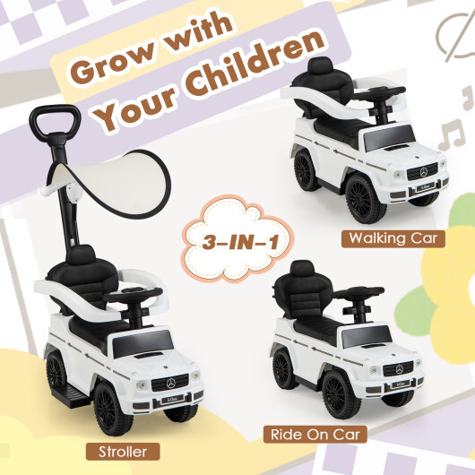 3-In-1 Ride on Push Car Mercedes Benz G350 Stroller Sliding Car with Canopy-White - Color: White - Image 4