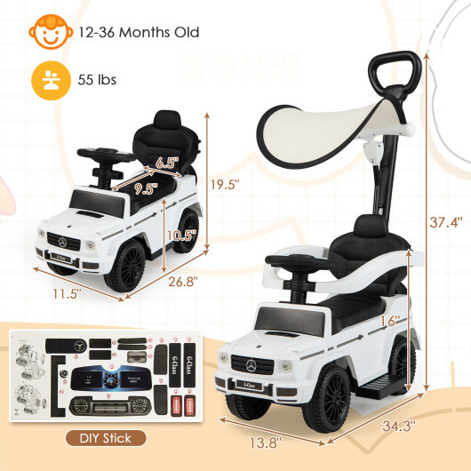 3-In-1 Ride on Push Car Mercedes Benz G350 Stroller Sliding Car with Canopy-White - Color: White - Image 5