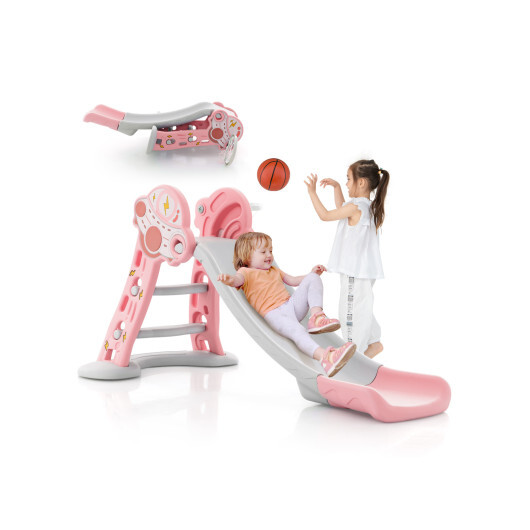 3-in-1 Folding Slide Playset with Basketball Hoop and Small Basketball-Pink - Color: Pink