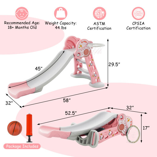3-in-1 Folding Slide Playset with Basketball Hoop and Small Basketball-Pink - Color: Pink - Image 4